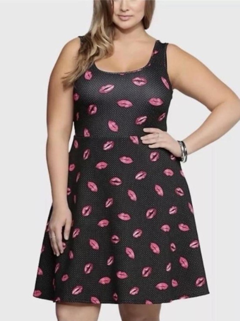 Torrid Fit & Flare Black Polka Dot Lip Print Dress Size 1X